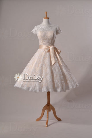 Cute Vintage Lace Wedding Dress, Tea Length lace wedding dress with cap sleeves (Sally)