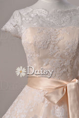 Cute vintage lace wedding party dress, tea length lace wedding dresses with cap sleeves (sally)
