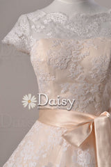 Cute vintage lace wedding party dress, tea length lace wedding dresses with cap sleeves (sally)