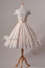 Cute Vintage Lace Wedding Dress, Tea Length lace wedding dress with cap sleeves (Sally)