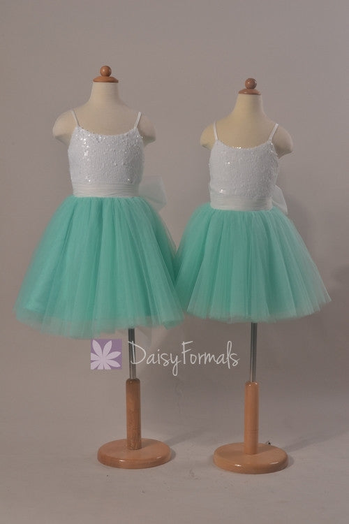 Lovely spaghetti straps flower girl party dress mint green tulle flower girl formal dress(fl2526)