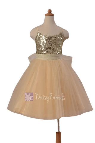 Lovely Champagne Tulle Flower Girl Dress W/Sequin Bodice & Spaghetti Straps(FL2526)