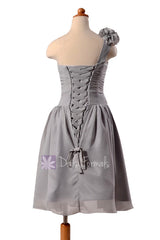 Gray chiffon flower girl dress short one shoulder formal flower girl dresses(fl223)