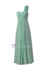 Long mint elegant junior bridesmaid dress one shoulder chiffon dress w/handmaid flowers(fl346)