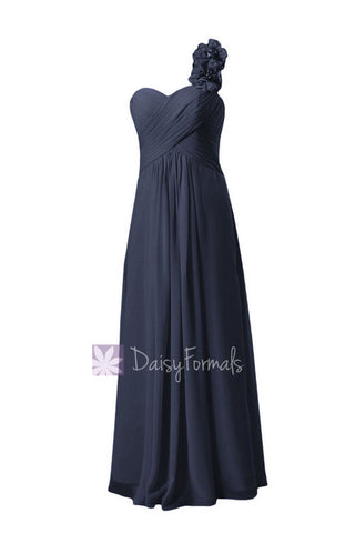 FLoor Length Chiffon Junior Bridesmaid Dress Navy Party Dress W/Handmade Flowers(FL346)