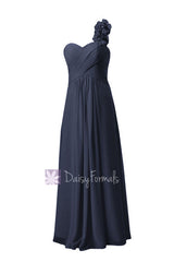 Floor length chiffon junior bridesmaid dress elegant navy party dress w/handmade flowers(fl346)