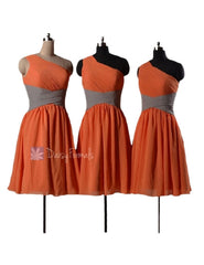 Classic orange chifon bridesmaid dresses short one shoulder formal dresses(bm351)