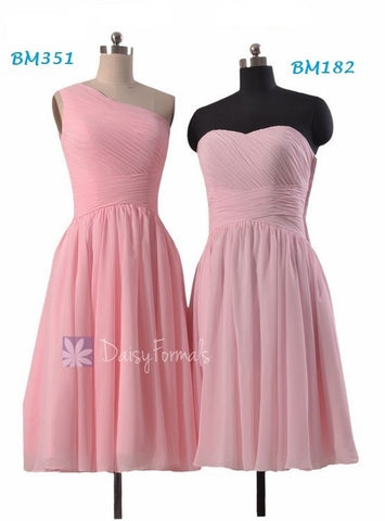 Beautiful Short Pink Chiffon Bridesmaid Dresses-BM351(One Shoulder), BM182(Strapless)