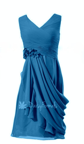 Blue Arua Bridesmaid Dress Short Arua Blue Party Dress V neckline Chiffon Cocktail Dress (Style Liz)