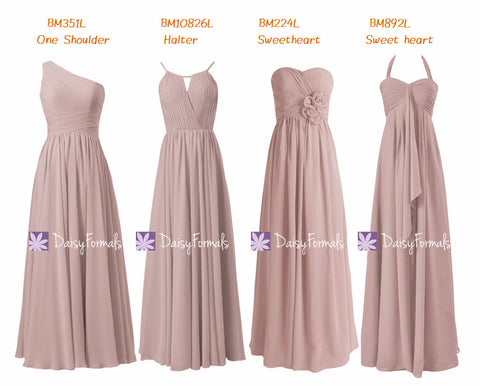 Dusty Rose Chiffon Party Dress Long Quartz Formal Dress Vintage Rose Pink Bridesmaids Dress (MM151)