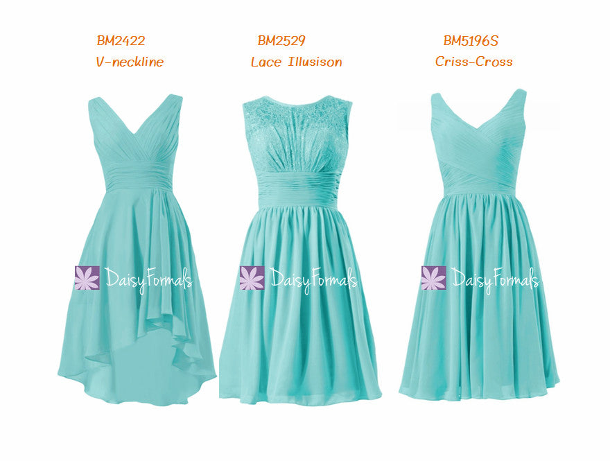 High Low Aqua Blue Short Knee Length Bridesmaids Dress Spa Blue Chiffon Party Dress (MM67) DaisyFormals-Bridesmaid and Formal Dresses in 59+ Colors High Low Aqua Blue Short Knee Length Bridesmaids Dress Spa Blue Chiffon Party Dress (MM67) DaisyFormals-Bridesmaid and Formal Dresses in 59+ Colors