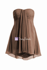 Stunning brown party dress beading cocktail dress high-low elegant evening party dress (ritta)