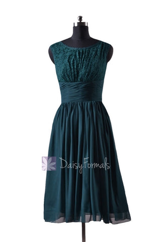 In stock,Ready to Ship -Plus Size Short Chiffon Bridal Party Dress Lace Formal Dress (BM2529) - (Rich Peacock)