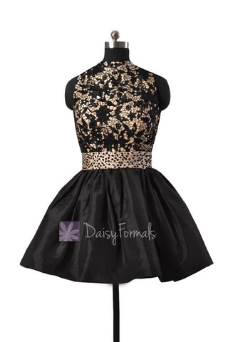 Gorgeous Black Taffeta Mini Prom Dress W/High Collar and Open Back(PR140425)