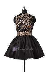 Gorgeous black taffeta formal mini prom dress w/high collar and open back(pr140425)