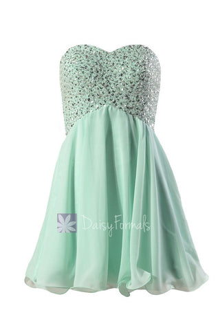 Beaded Empire Mini Length Prom Dress Sweetheart Mint Chiffon Evening Dress(PR140628)