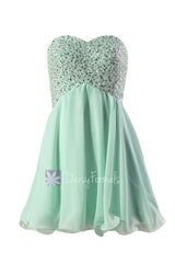 Beaded empire mini length prom dress sweetheart mint chiffon evening dress(pr140628)