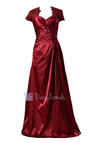 Delicate Long Sweetheart Charmeuse Prom Dress Beaded Dark Scarlet Evening Dress(PR3504)