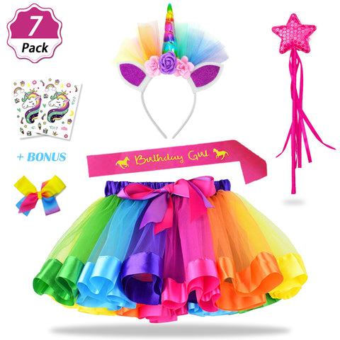 Unicorn Rainbow Tutu Skirt Set (7 Pack) for Girls Unicorn Themed Birthday Party（3-8 Years）