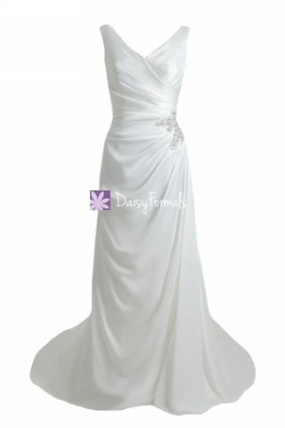 Long Ivory Wedding Dress Long Simple V neckline Bridal Dress Wedding Party Dress (WD33295)