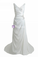 Long ivory wedding dress long simple v neckline bridal party dress wedding party dress (wd33295)