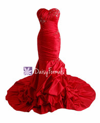 Affordable sweet-heart neckline wedding bridesmaid dress long red wedding party dress with train(wd8809)