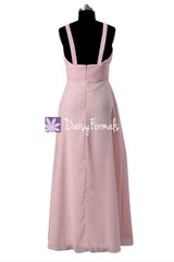 Ice pink long v-neck chiffon bridesmaid dress beaded prom dresses(bm350)