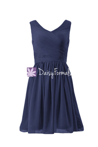 Dark Blue Modest Bridal Party Dress Navy Knee Length Bridal Party Dress Formal Dress(CSR2754-M)