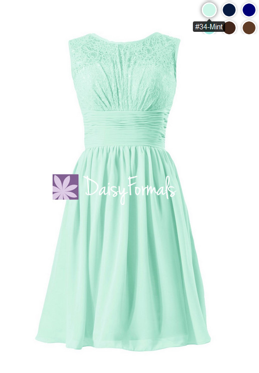 Short mint lace bridal party dress mint green vintage chiffon formal dress (bm2529)