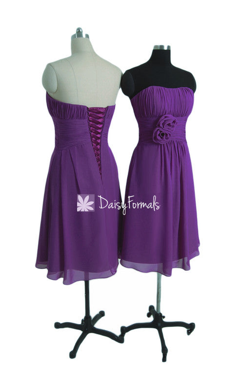 Dark violet chiffon party dress strapless deep lilace bridesmaids dress (bm2460)