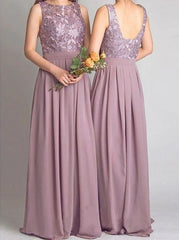 Round Neck Floor Length Purple Chiffon Bridesmaid Dress with Lace (BMA2019)