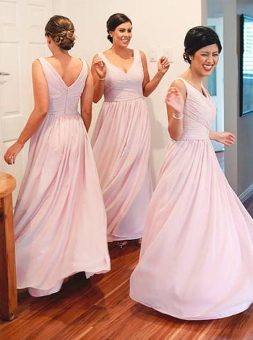 Simple A-Line V-Neck Floor Length Pink Ruched Bridesmaid Dress (BMA2012L)