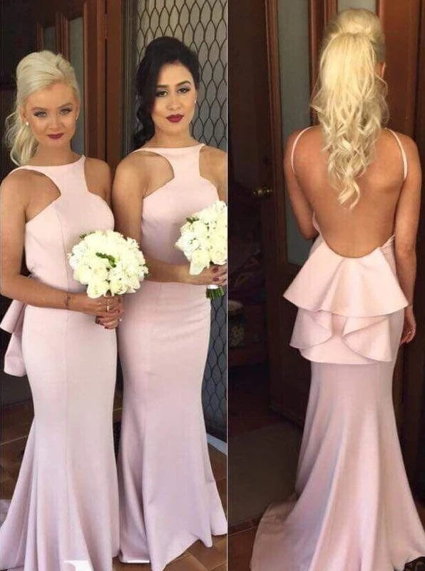 Mermaid Sleeveless Long Pink Open Back Bridesmaid Dress (BMA20147)