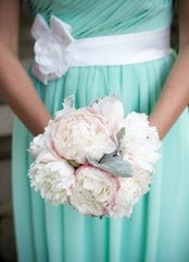 One Shoulder Mint Green Bridesmaid Dress Chiffon Party Dress W/Fabric Flowers(BM140211)