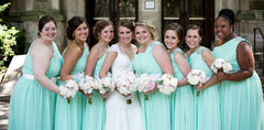 One shoulder mint green formal bridesmaid dress chiffon party dresses w/fabric flowers(bm140211)